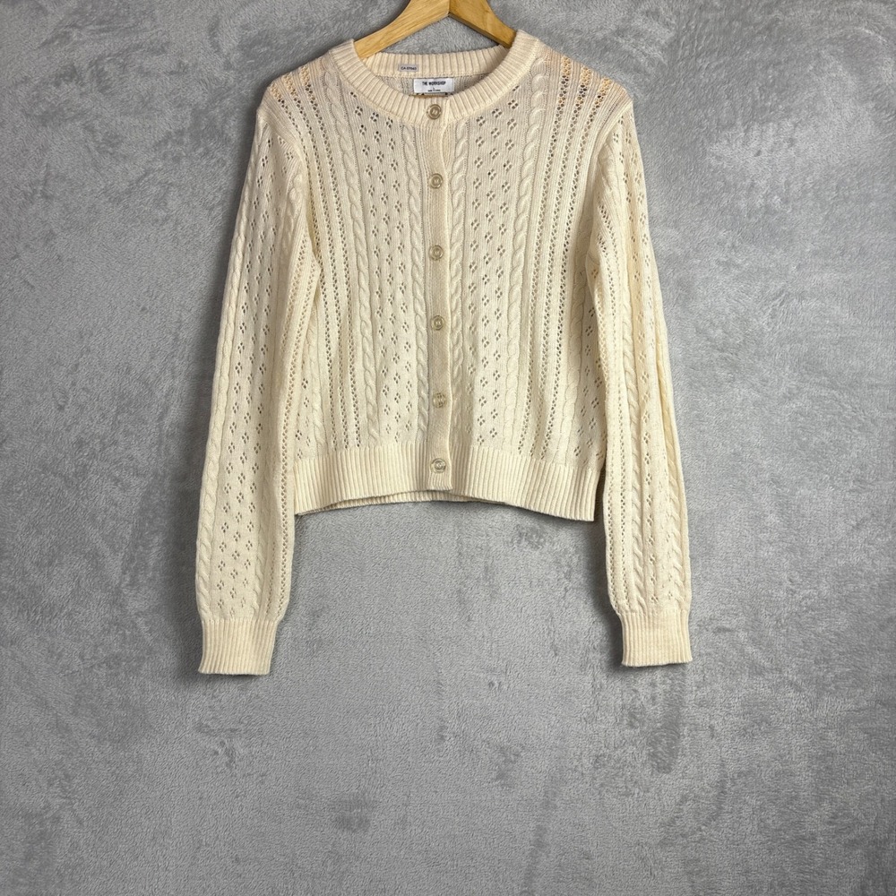 The Workshop Wool Cardigan Cream Pointelle Cable Knit Merino Sweater Large